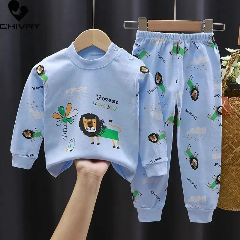 2023 New Kids Boys Girls Pajama Sets Cartoon Print Long Sleeve Cute T-Shirt Tops with Pants Toddler Baby Autumn Sleeping Clothes