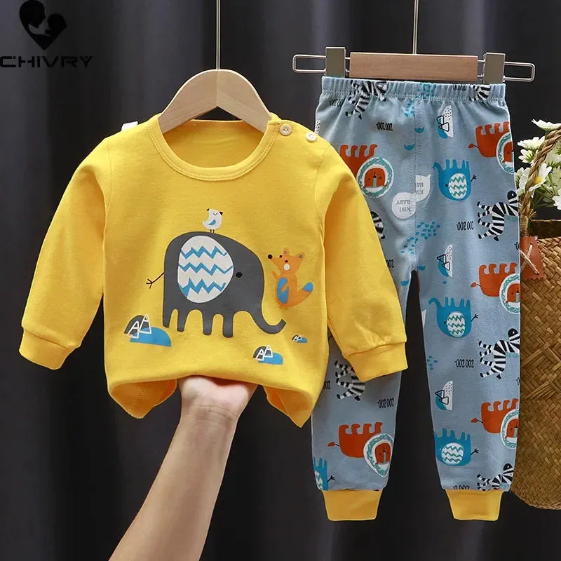 2023 New Kids Boys Girls Pajama Sets Cartoon Print Long Sleeve Cute T-Shirt Tops with Pants Toddler Baby Autumn Sleeping Clothes