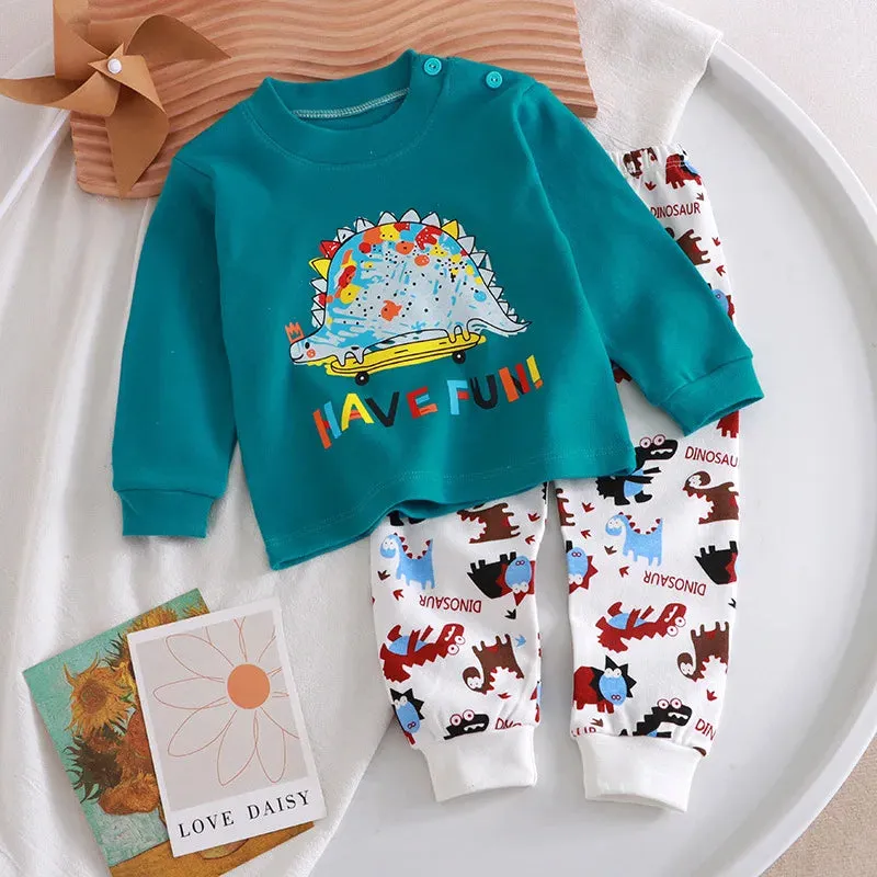 2023 New Kids Boys Girls Pajama Sets Cartoon Print Long Sleeve Cute T-Shirt Tops with Pants Toddler Baby Autumn Sleeping Clothes