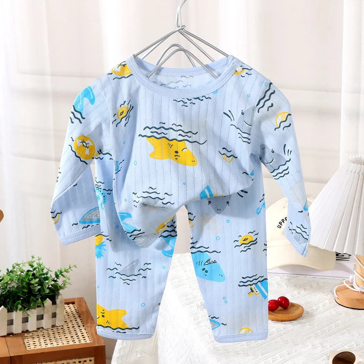 2024 New Baby Cotton Home Clothes Children's Class Suit Boys Girls Nine-quarter Sleeve Pajamas Kids Long T-shirt   Pants