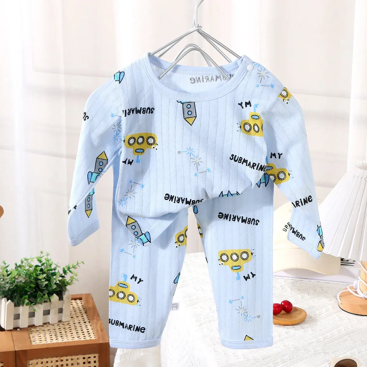 2024 New Baby Cotton Home Clothes Children's Class Suit Boys Girls Nine-quarter Sleeve Pajamas Kids Long T-shirt   Pants