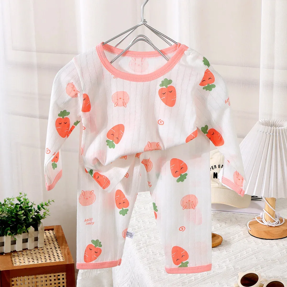 2024 New Baby Cotton Home Clothes Children's Class Suit Boys Girls Nine-quarter Sleeve Pajamas Kids Long T-shirt   Pants