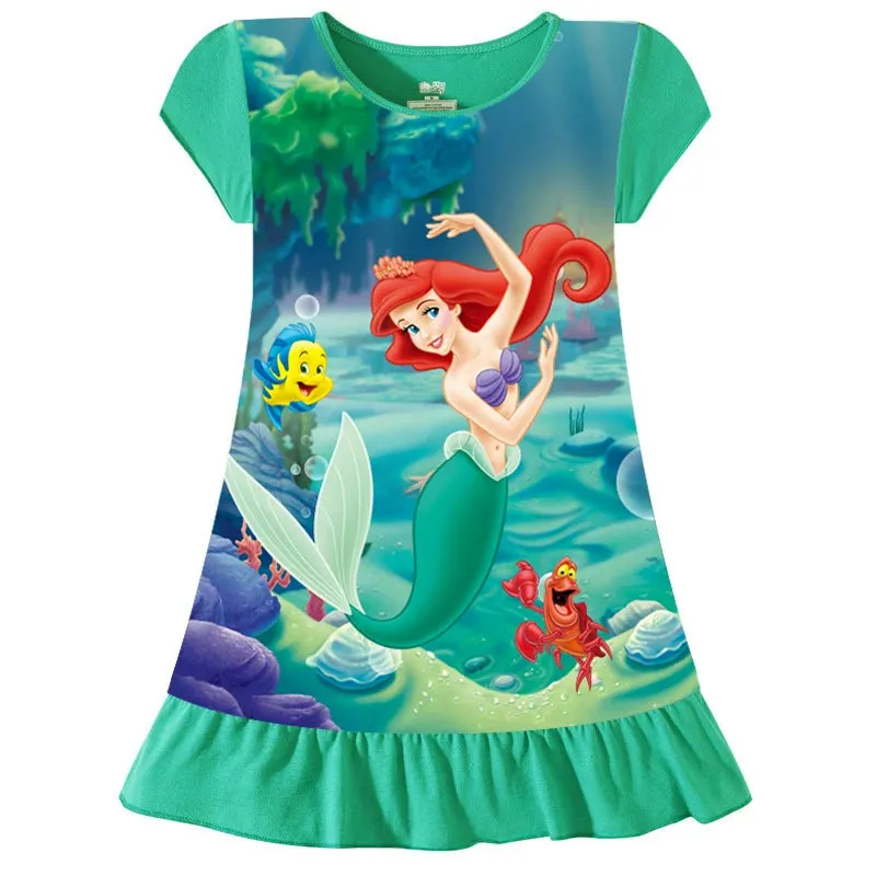 3-8Years New Summer Kids Cartoon Dress Sleepwear Mermaid Princess Belle Girls Printing Nightgowns Children Party Dresses Pajamas