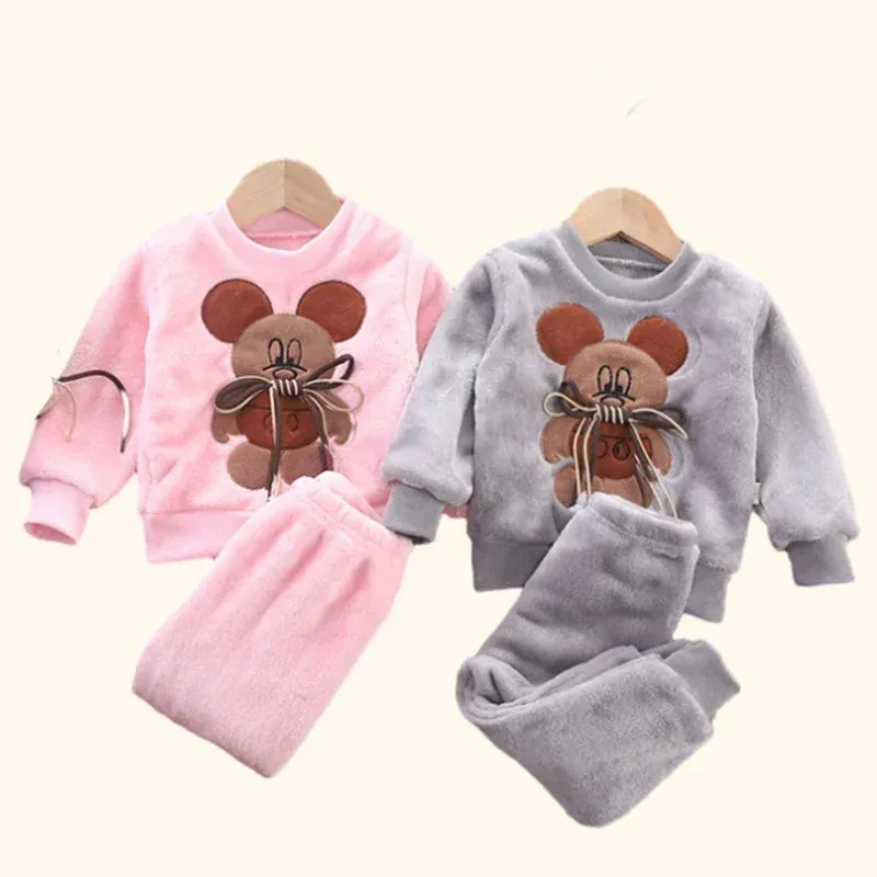 Autumn Winter Children Clothing Baby Pajamas Set Thick Flannel Fleece Child Sleepwear 2Pcs Sets Warm Home Suits Kids Clothes