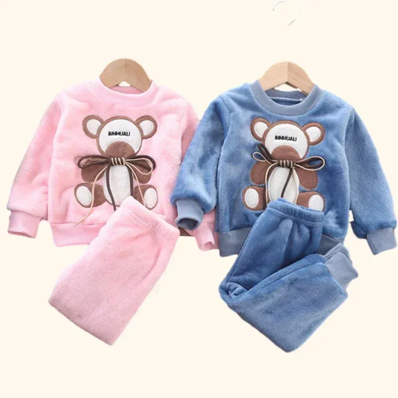 Autumn Winter Children Clothing Baby Pajamas Set Thick Flannel Fleece Child Sleepwear 2Pcs Sets Warm Home Suits Kids Clothes