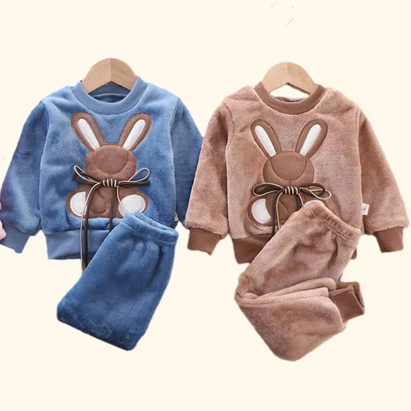 Autumn Winter Children Clothing Baby Pajamas Set Thick Flannel Fleece Child Sleepwear 2Pcs Sets Warm Home Suits Kids Clothes