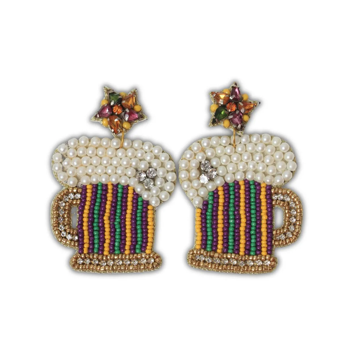 Beer Mug Mardi Gras Beaded Earrings with Pearls and Rhinestones