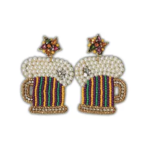 Beer Mug Mardi Gras Beaded Earrings with Pearls and Rhinestones