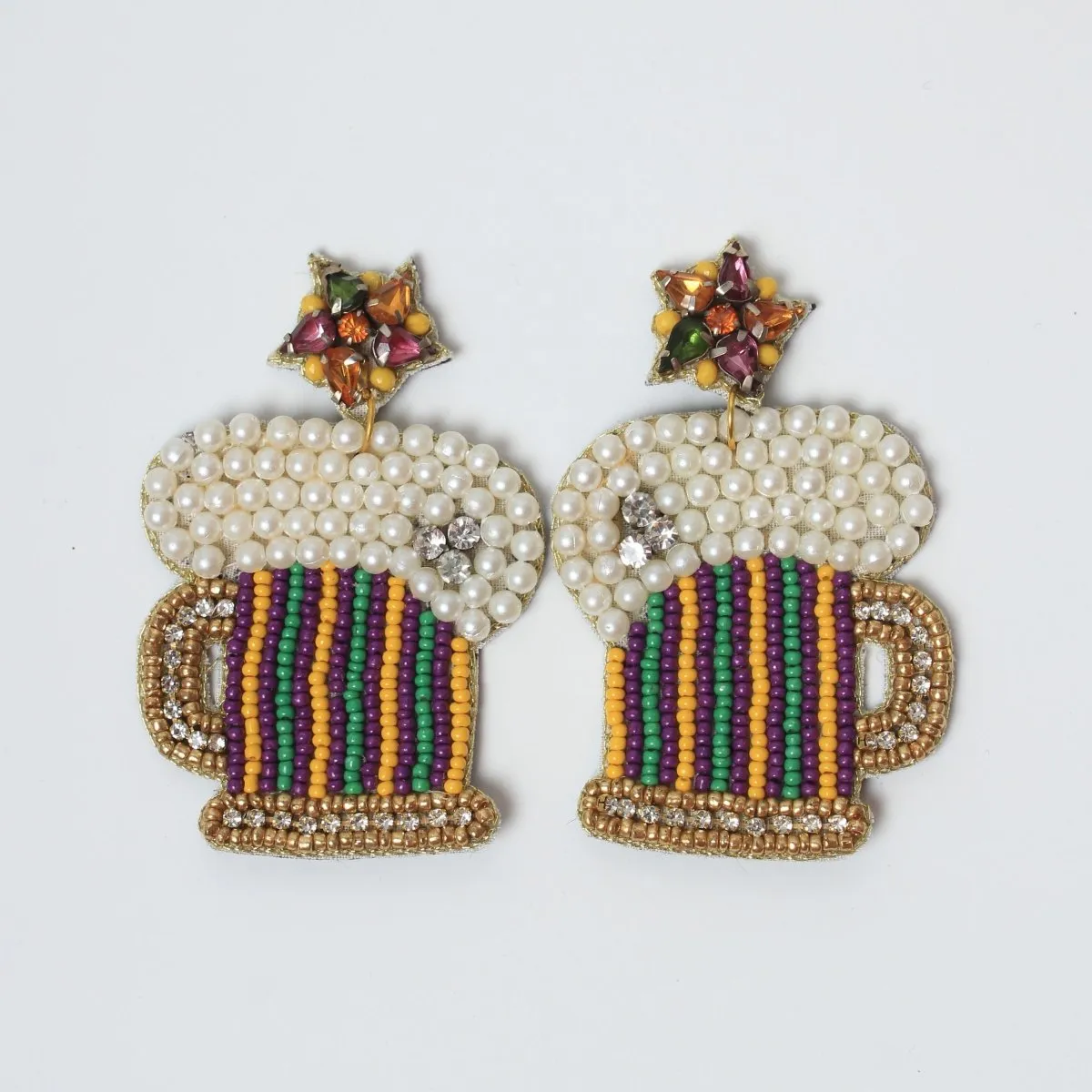 Beer Mug Mardi Gras Beaded Earrings with Pearls and Rhinestones