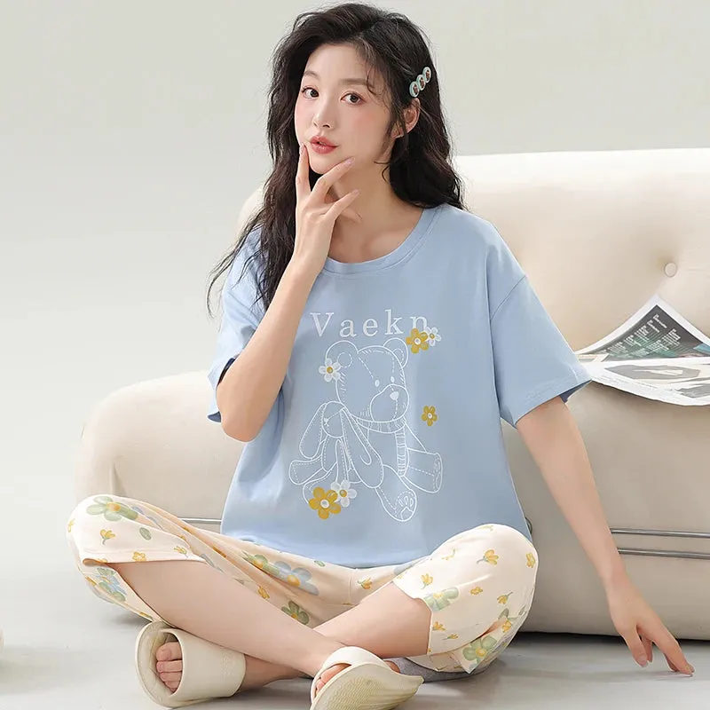 Big Size M-5XL Women Short Sleeve Sleepwear With Chest Pad Women Cute Cartoon Pajamas Set