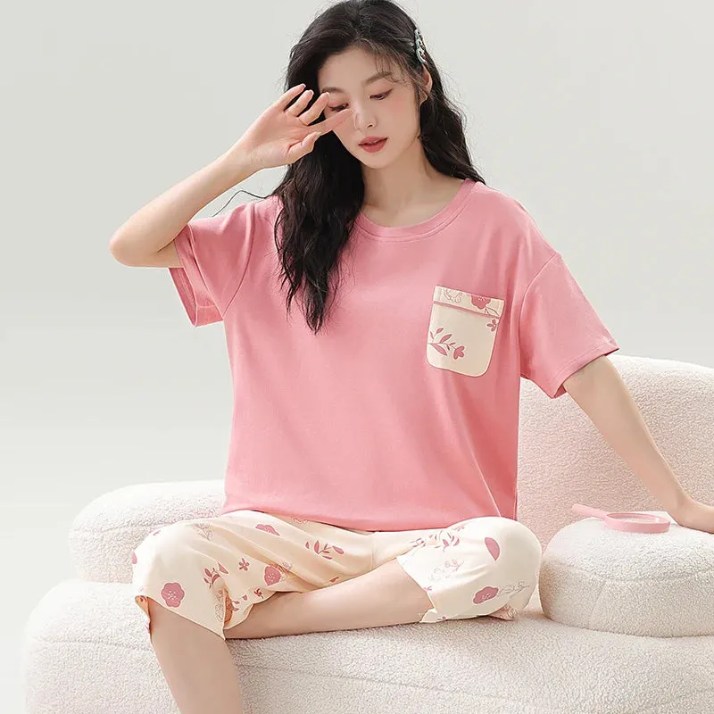 Big Size M-5XL Women Short Sleeve Sleepwear With Chest Pad Women Cute Cartoon Pajamas Set