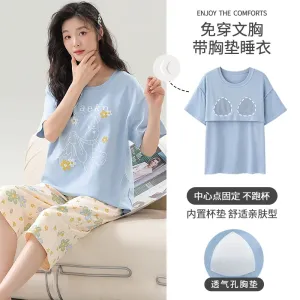 Big Size M-5XL Women Short Sleeve Sleepwear With Chest Pad Women Cute Cartoon Pajamas Set