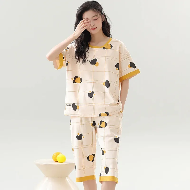 Big Size M-5XL Women Short Sleeve Sleepwear With Chest Pad Women Cute Cartoon Pajamas Set