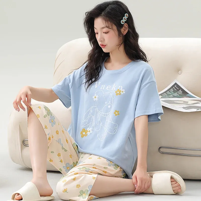 Big Size M-5XL Women Short Sleeve Sleepwear With Chest Pad Women Cute Cartoon Pajamas Set