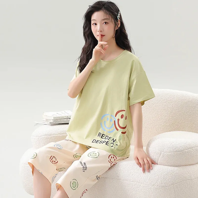 Big Size M-5XL Women Short Sleeve Sleepwear With Chest Pad Women Cute Cartoon Pajamas Set