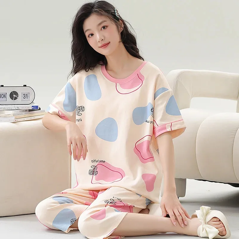 Big Size M-5XL Women Short Sleeve Sleepwear With Chest Pad Women Cute Cartoon Pajamas Set