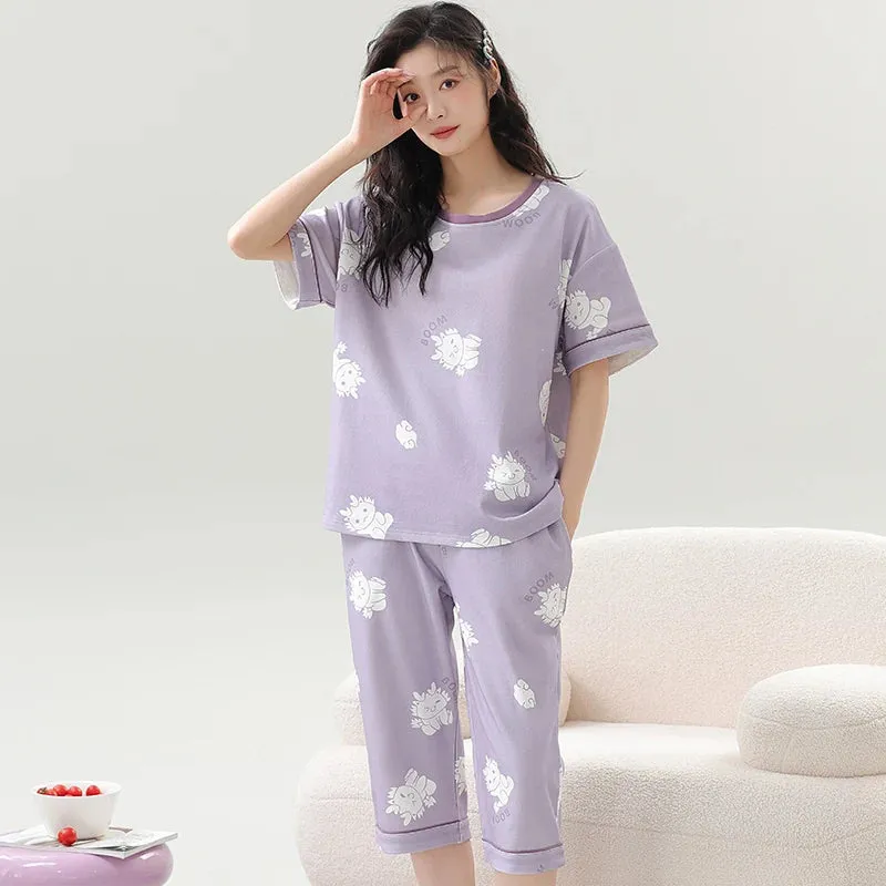 Big Size M-5XL Women Short Sleeve Sleepwear With Chest Pad Women Cute Cartoon Pajamas Set