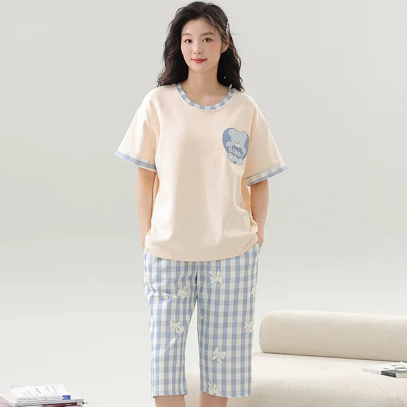 Big Size M-5XL Women Short Sleeve Sleepwear With Chest Pad Women Cute Cartoon Pajamas Set