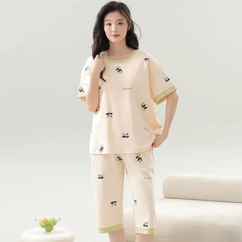 Big Size M-5XL Women Short Sleeve Sleepwear With Chest Pad Women Cute Cartoon Pajamas Set