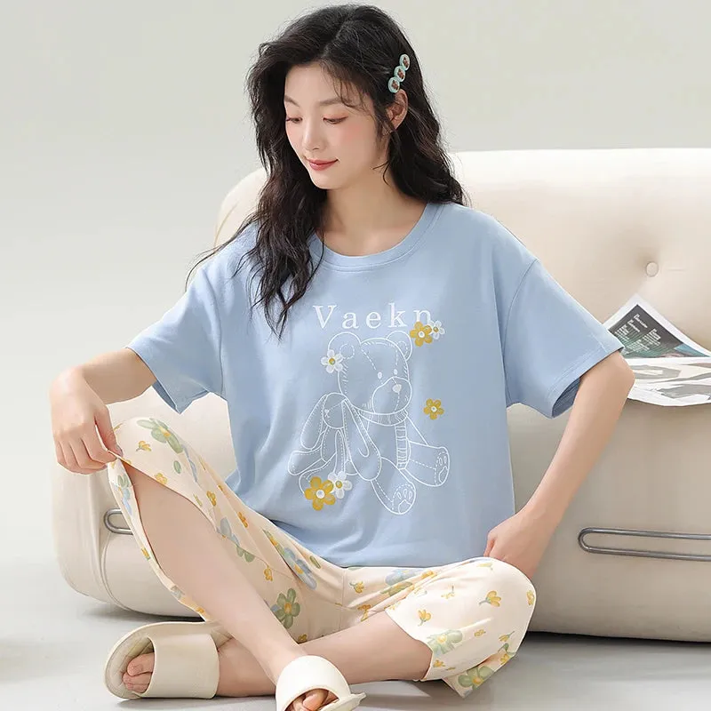 Big Size M-5XL Women Short Sleeve Sleepwear With Chest Pad Women Cute Cartoon Pajamas Set