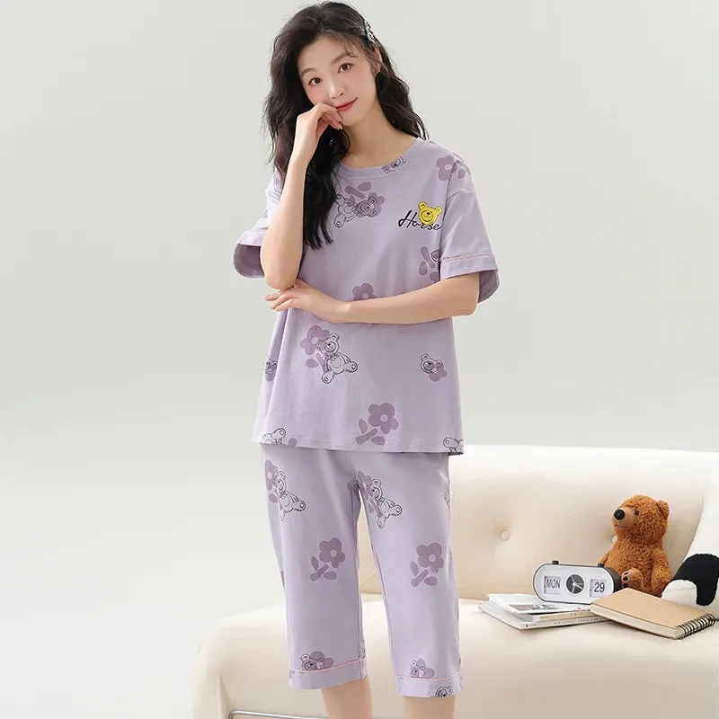 Big Size M-5XL Women Short Sleeve Sleepwear With Chest Pad Women Cute Cartoon Pajamas Set