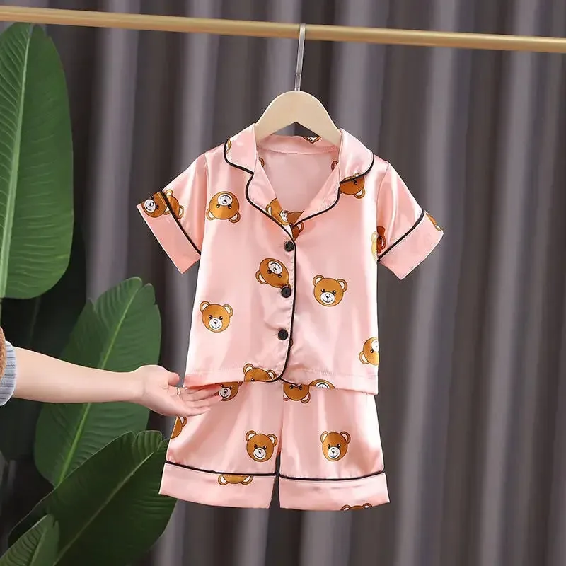 Boys Girls Kids Pajama Sets Cartoon bear short Sleeve T-Shirt Tops With Pants Toddler Baby Sleeping Clothes Pijamas Sleepwear