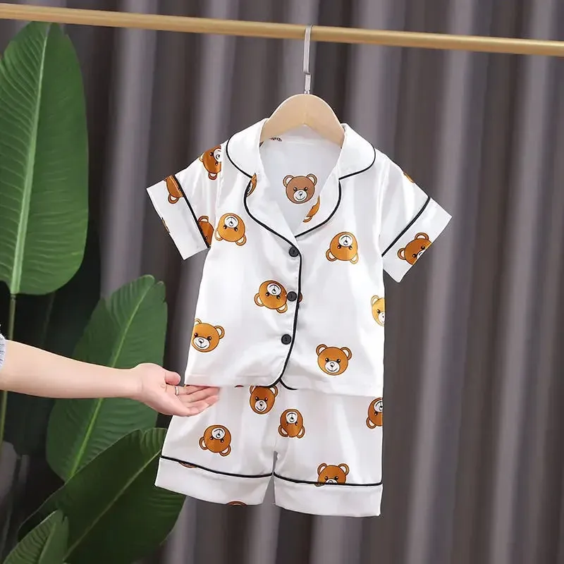 Boys Girls Kids Pajama Sets Cartoon bear short Sleeve T-Shirt Tops With Pants Toddler Baby Sleeping Clothes Pijamas Sleepwear