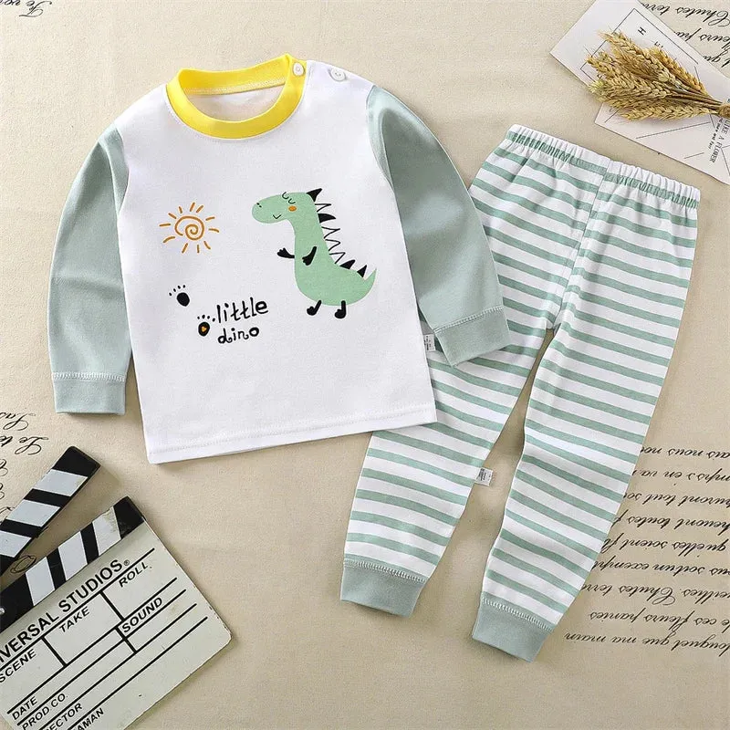 Cartoon Print Pajama Suit Tops Pants 2-piece Set Underwear Kids Boys Girls Baby Cotton Sleepwear Spring Autumn Clothes 1-6 Year