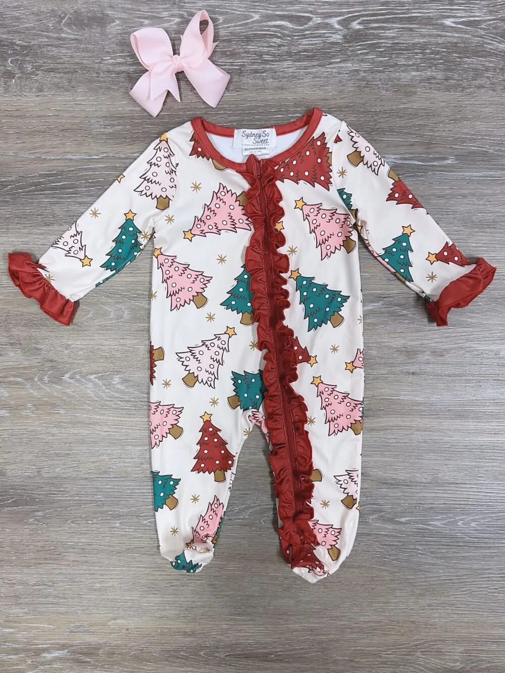 Christmas Tree Time Girls Red Ruffle Baby Romper