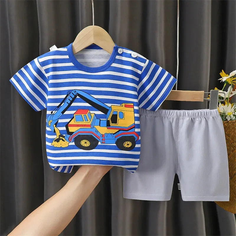 Cotton Pajama Cartoon T-Shirt   Shorts 2-Piece Clothing Set Kids Summer Baby Boy Girl Stripe Casual Tracksuit Clothes Suit 0-6 Y