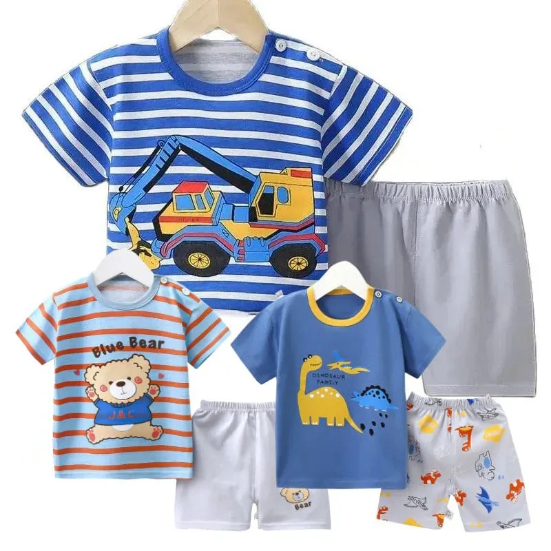 Cotton Pajama Cartoon T-Shirt   Shorts 2-Piece Clothing Set Kids Summer Baby Boy Girl Stripe Casual Tracksuit Clothes Suit 0-6 Y