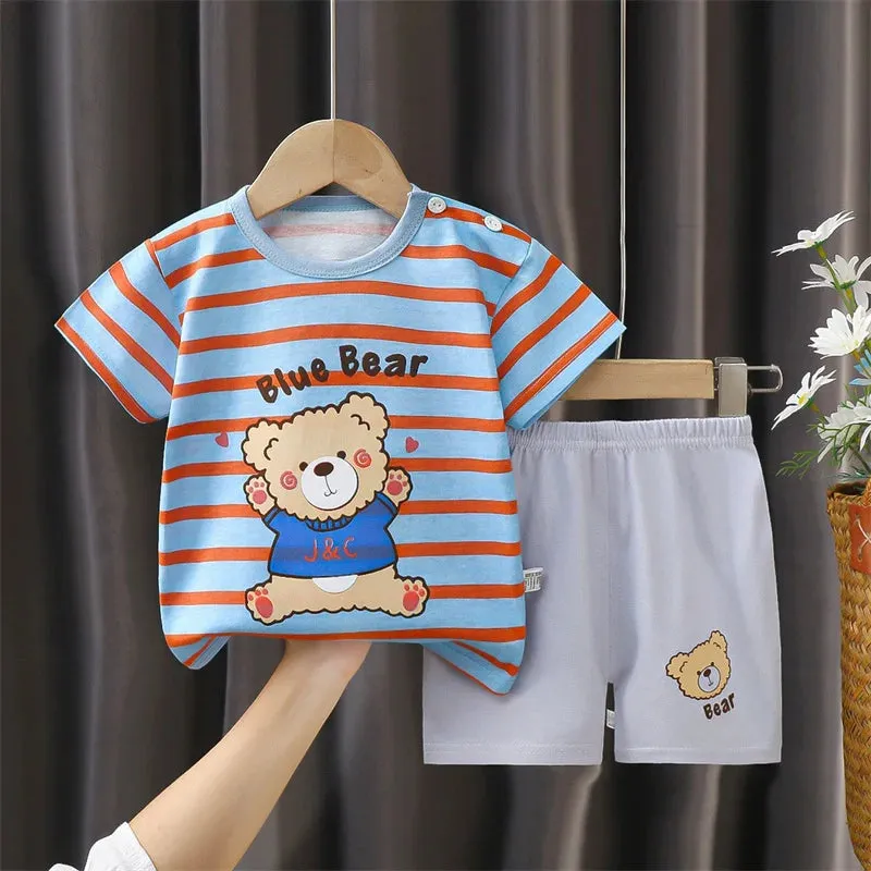 Cotton Pajama Cartoon T-Shirt   Shorts 2-Piece Clothing Set Kids Summer Baby Boy Girl Stripe Casual Tracksuit Clothes Suit 0-6 Y