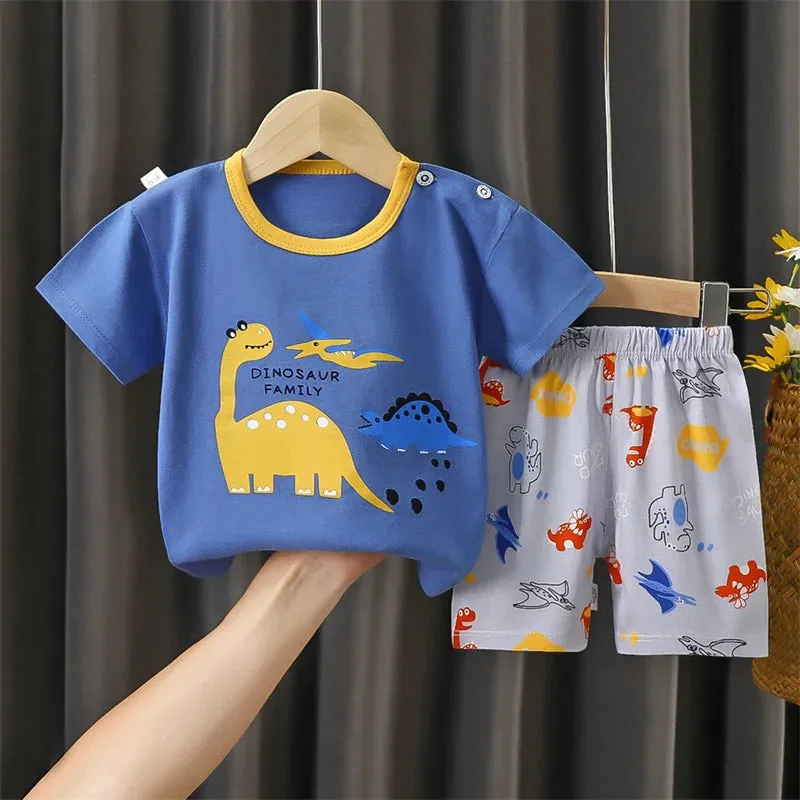 Cotton Pajama Cartoon T-Shirt   Shorts 2-Piece Clothing Set Kids Summer Baby Boy Girl Stripe Casual Tracksuit Clothes Suit 0-6 Y