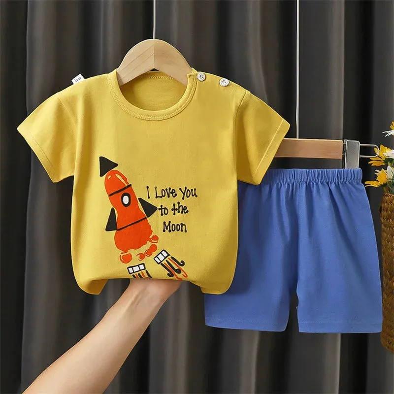 Cotton Pajama Cartoon T-Shirt   Shorts 2-Piece Clothing Set Kids Summer Baby Boy Girl Stripe Casual Tracksuit Clothes Suit 0-6 Y