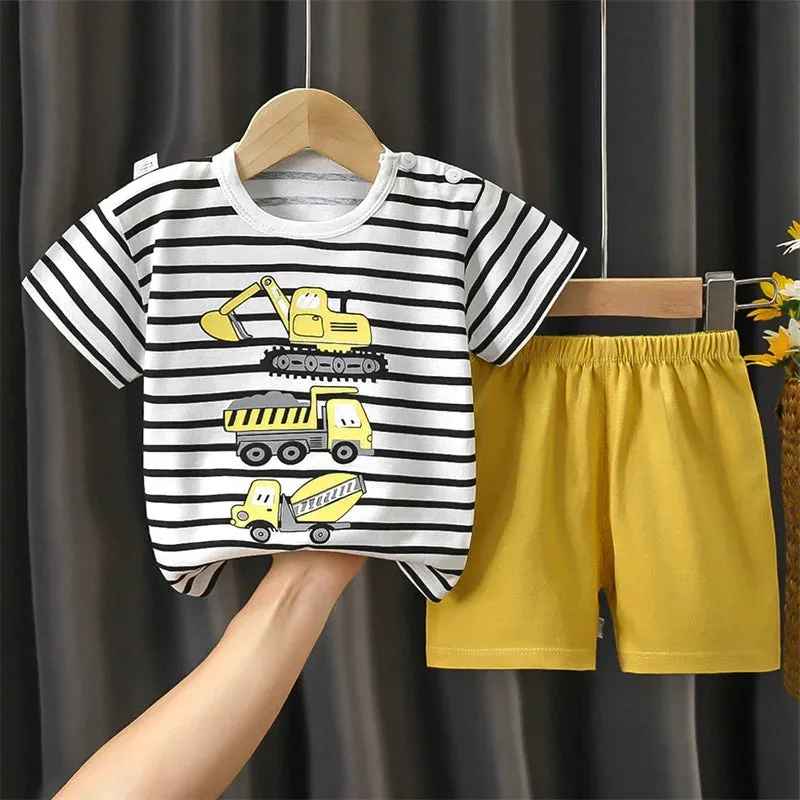 Cotton Pajama Cartoon T-Shirt   Shorts 2-Piece Clothing Set Kids Summer Baby Boy Girl Stripe Casual Tracksuit Clothes Suit 0-6 Y