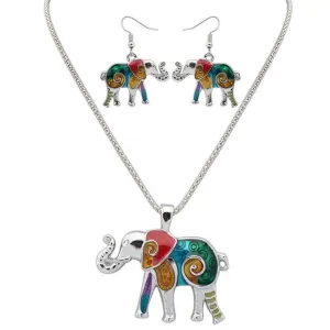 Eclectic Elephant Enamel and White Gold Plated Necklace and Earrings Set for Women