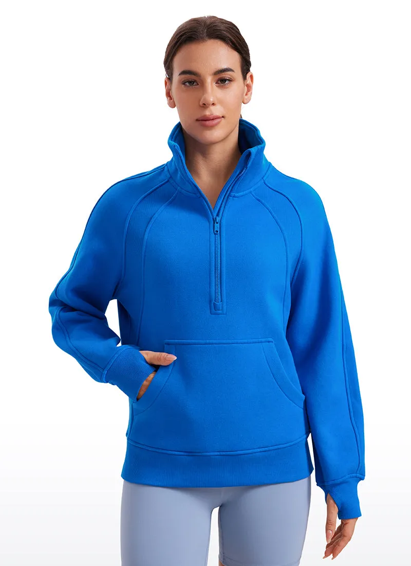 Fleece Lined Half Zip Hip-Length Hoodies Funnel Neck with Thumb Holes