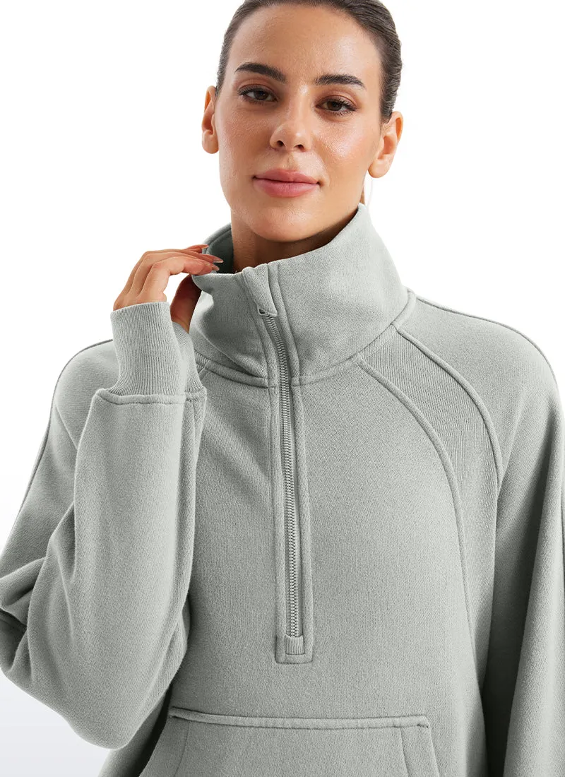 Fleece Lined Half Zip Hip-Length Hoodies Funnel Neck with Thumb Holes