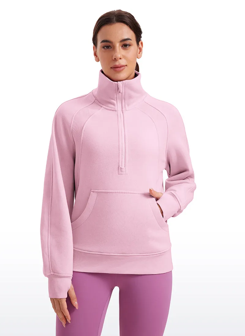 Fleece Lined Half Zip Hip-Length Hoodies Funnel Neck with Thumb Holes