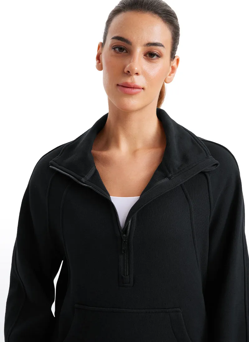 Fleece Lined Half Zip Hip-Length Hoodies Funnel Neck with Thumb Holes