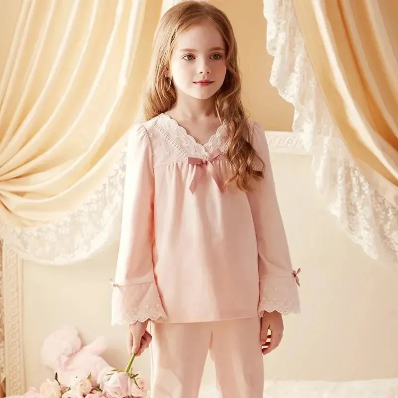 Girls' Pajamas Cotton Princess Style Suit Spring Autumn Long-Sleeved T-Shirt Trousers Cute Baby Home Service Clothes Tops Pants