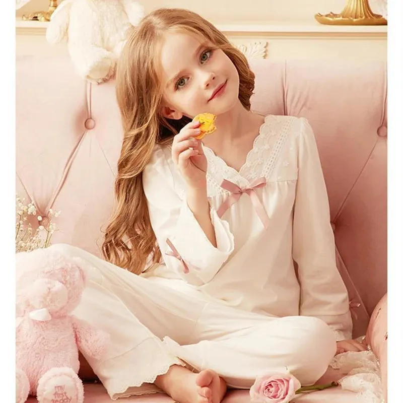 Girls' Pajamas Cotton Princess Style Suit Spring Autumn Long-Sleeved T-Shirt Trousers Cute Baby Home Service Clothes Tops Pants