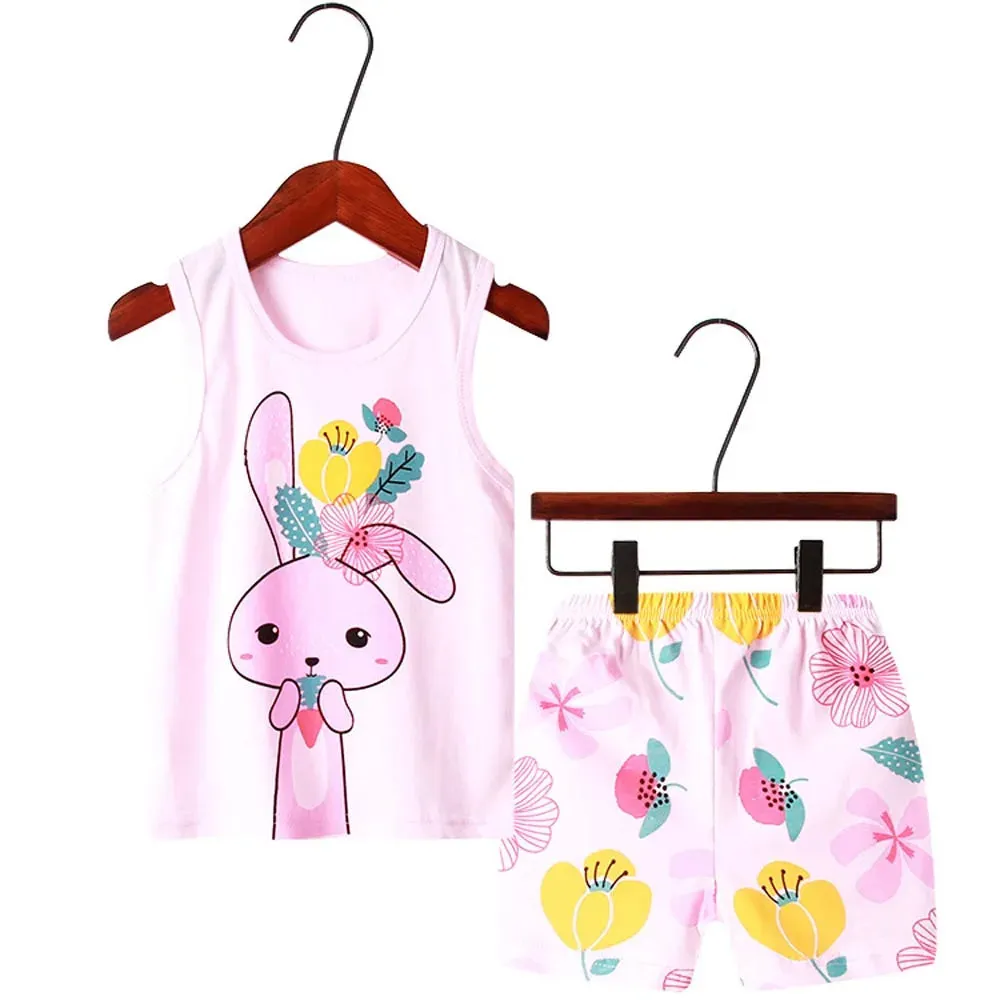 Girls Pajamas Sets Cotton Child Pajamas Toddler Summer Sleeveless Baby Nightwear Pyjamas Kids Rabbit Cartoon Homewear Clothes