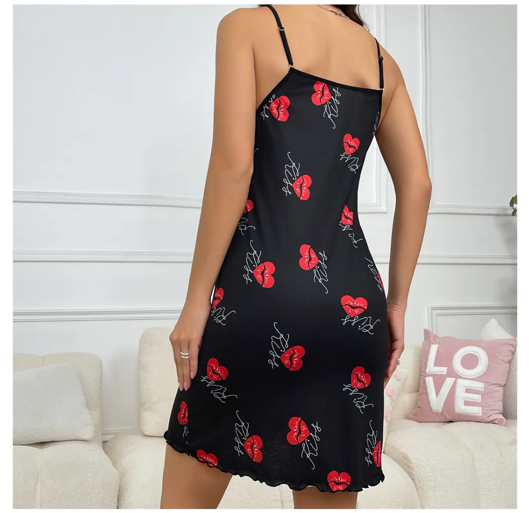 Heart Printing Nightdress Women Comfortable Home Casual Suspender With T Back Slim Fit Dress