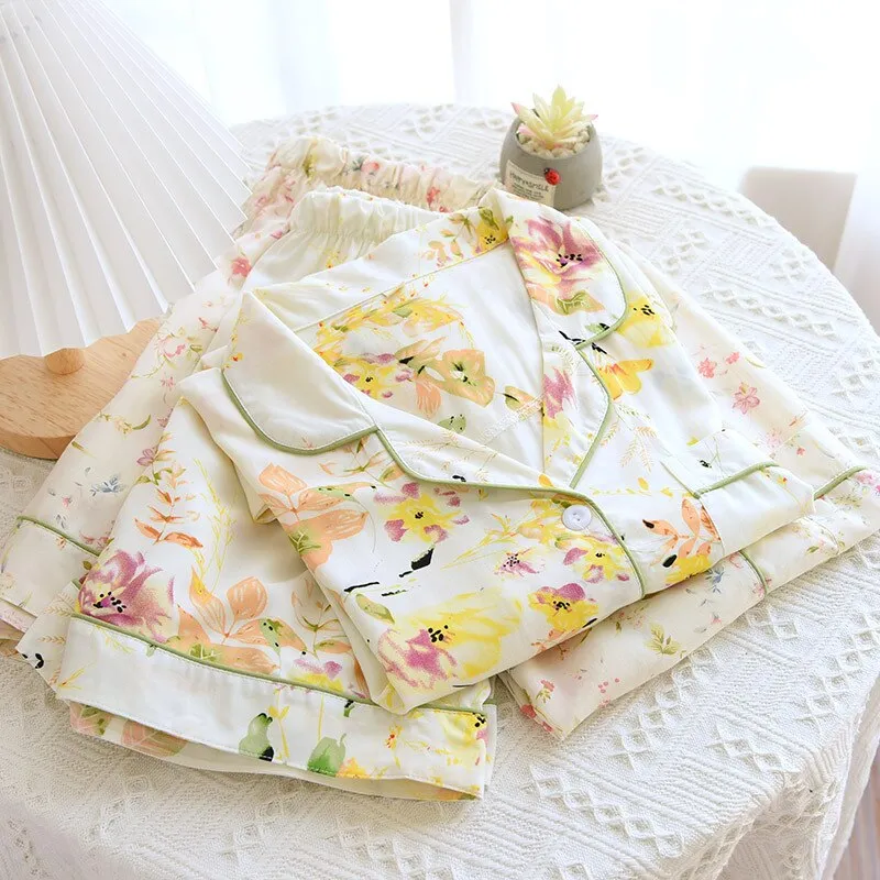 High Quality Women's Pajamas Set Summer Floral Print Natural Cotton Short Sleepwear Nightwear Homewear Lounge Femme