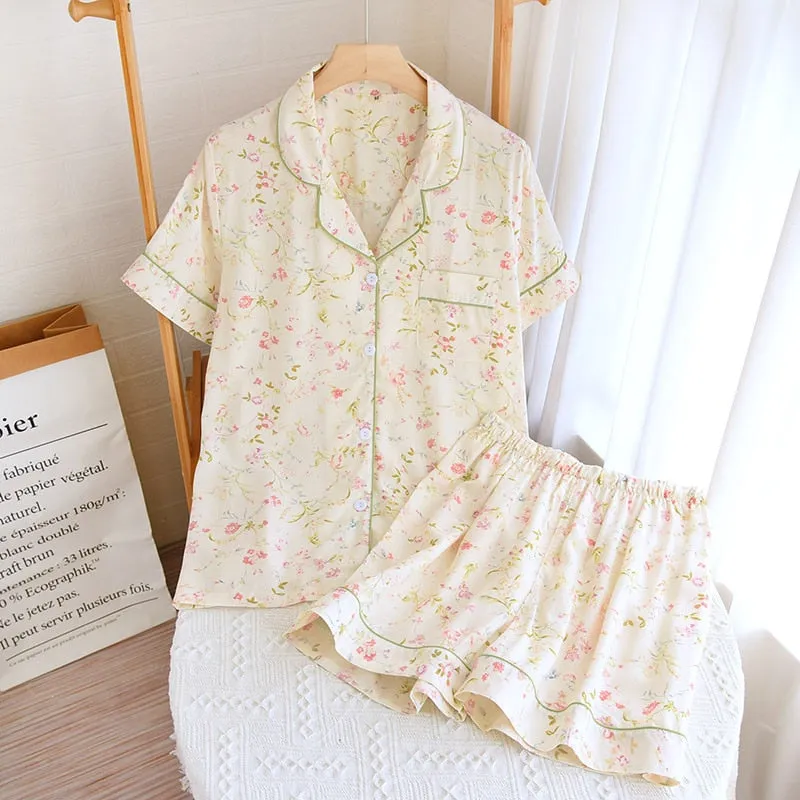 High Quality Women's Pajamas Set Summer Floral Print Natural Cotton Short Sleepwear Nightwear Homewear Lounge Femme