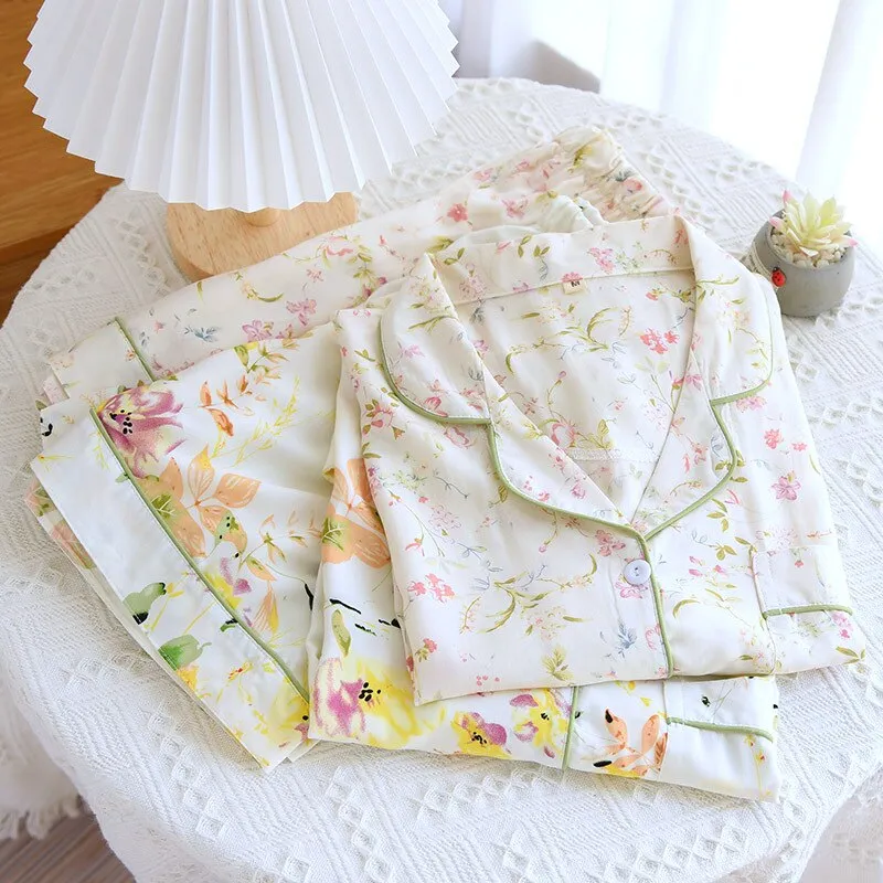 High Quality Women's Pajamas Set Summer Floral Print Natural Cotton Short Sleepwear Nightwear Homewear Lounge Femme