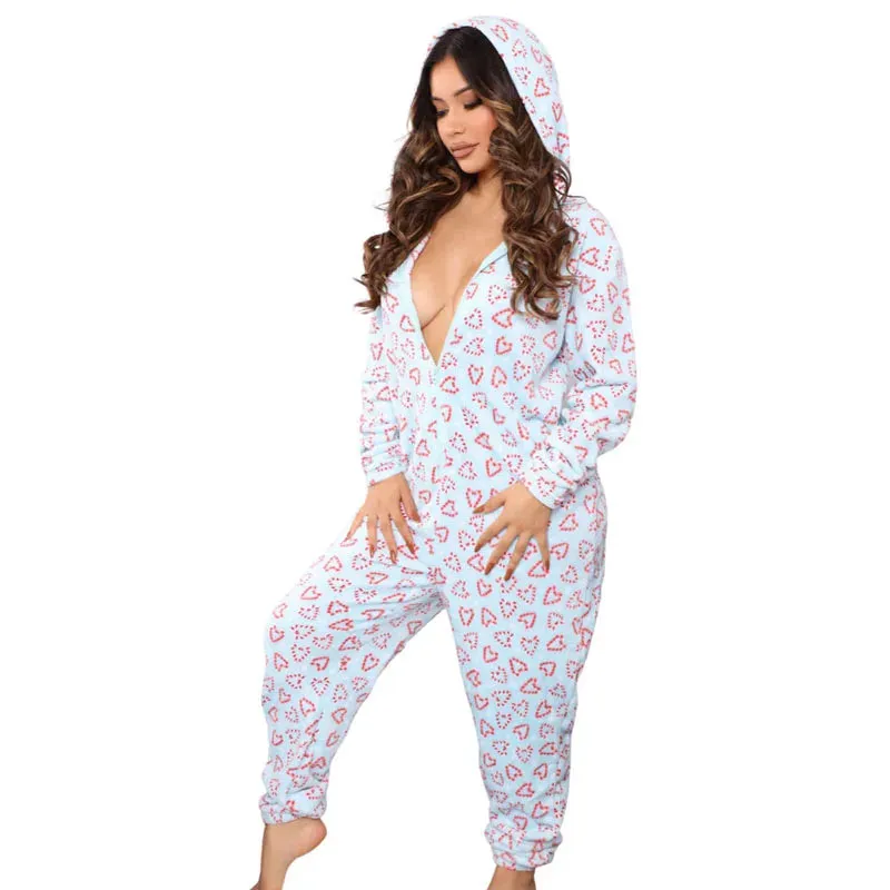 Hooded Fleece Long Sleeves Zipper Holiday Loungewear Christmas Pajamas