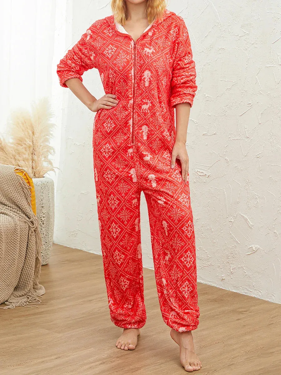 Hooded Fleece Long Sleeves Zipper Holiday Loungewear Christmas Pajamas