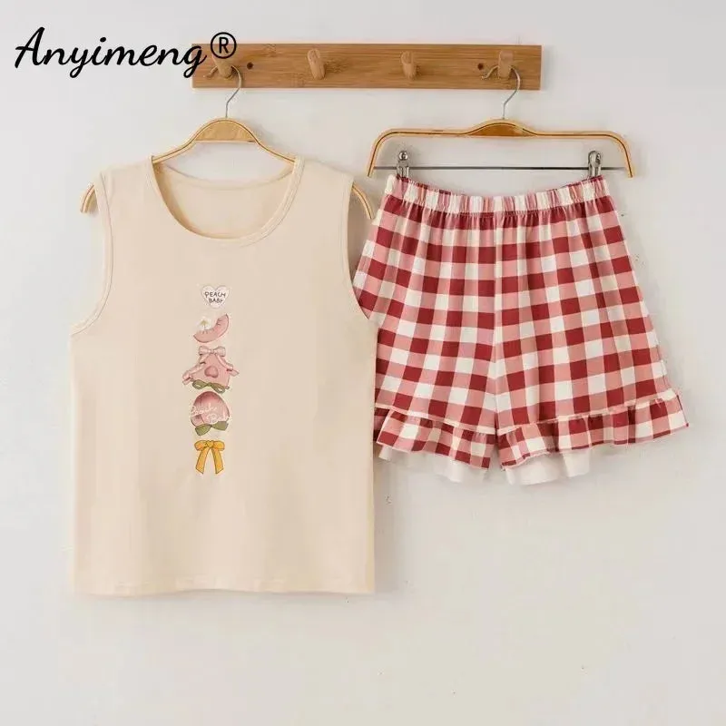 Hot Sleeveless Two Piece Set Summer Green Cotton Pajama Sets for Women Cartoon PJS Fashion Sleepwear Korean Kawaii Nightwear